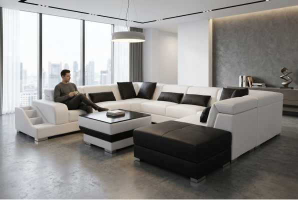 Leder Wohnlandschaft Eck Garnitur Design Modern Sofa U-Form G8008 + Puff Neu