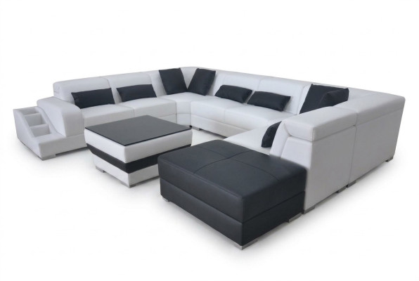 Leder Wohnlandschaft Eck Garnitur Design Modern Sofa U-Form G8008 + Puff Neu