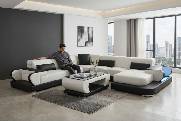 Couch Ecksofa Leder Wohnlandschaft Garnitur Design Modern Sofa UForm G8002+Tisch