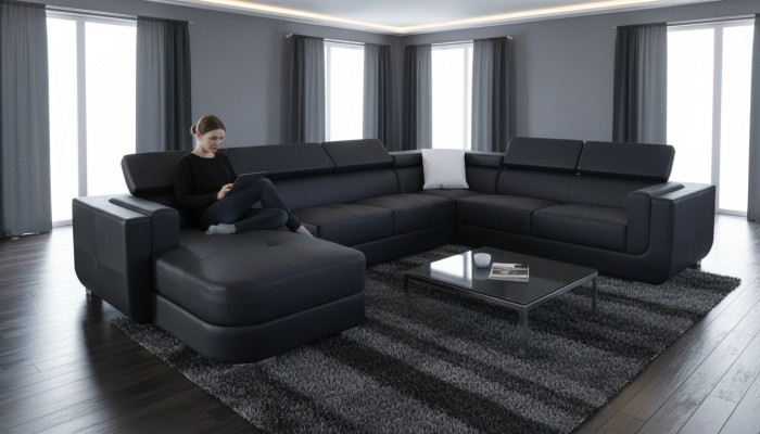 Designerový rohový kožený sedací rohový gauč, krajinný pokoj s koženým sedadlem Big.