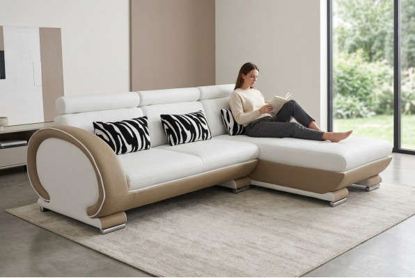 Ecksofa z kůže, rohová sedací souprava, obývací kout, krajina L tvaru, designové polstrování, nové.