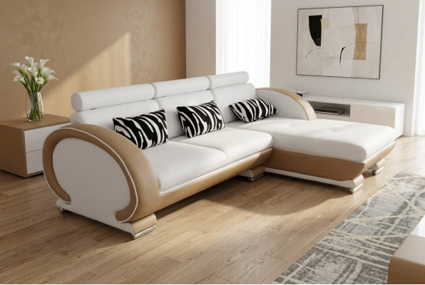 Ecksofa z kůže, rohová sedací souprava, obývací kout, krajina L tvaru, designové polstrování, nové.