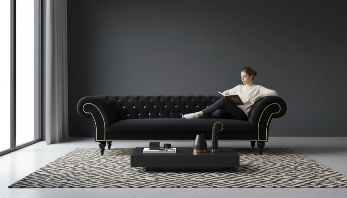 Látka Design Pohovka Potah Textil Moderní Pohovka Chesterfield 3 Místná Černá
