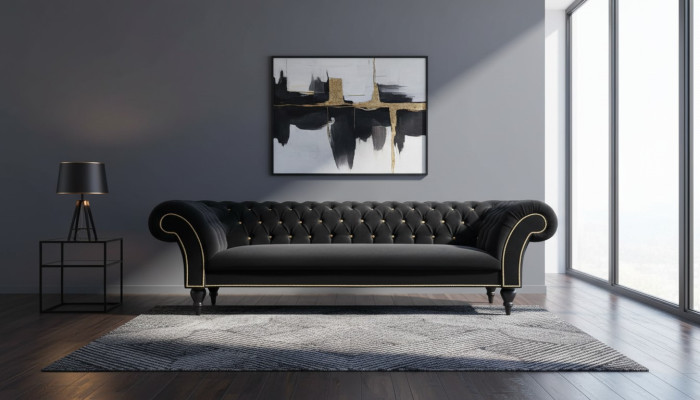Látka Design Pohovka Potah Textil Moderní Pohovka Chesterfield 3 Místná Černá