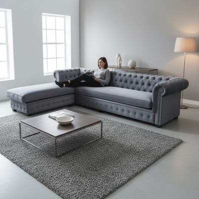 Samt Ecksofa Chesterfield Textil Stoff Eckcouch Sofa Polster Couch Eckgarnitur