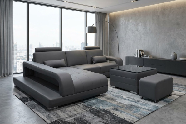 XXL Couch Leder Wohnlandschaft Garnitur Design Modern Sofa L-Form mit USB Tisch