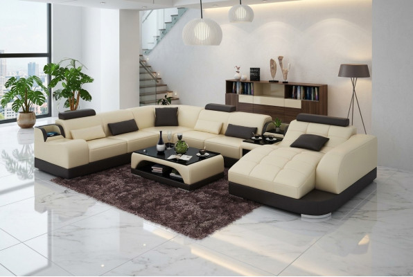 Eckgarnitur Leder Sofa Wohnzimmer Wohnlandschaft Polsterecke Sitzgarnituren +USB