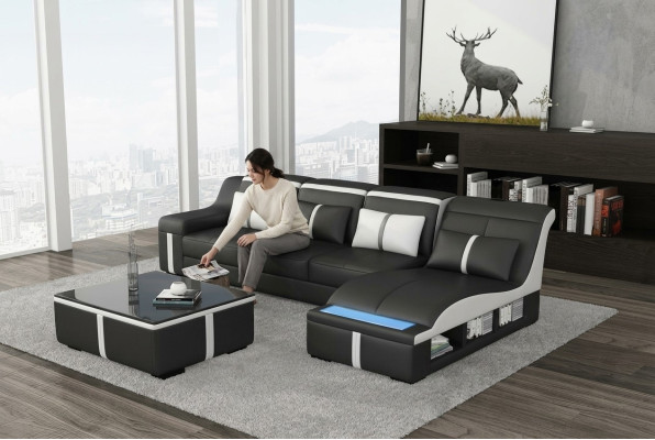 Design Eck Sofa USB LED + Tisch Polster Eck Sitz Leder Garnitur Wohnlandschaft