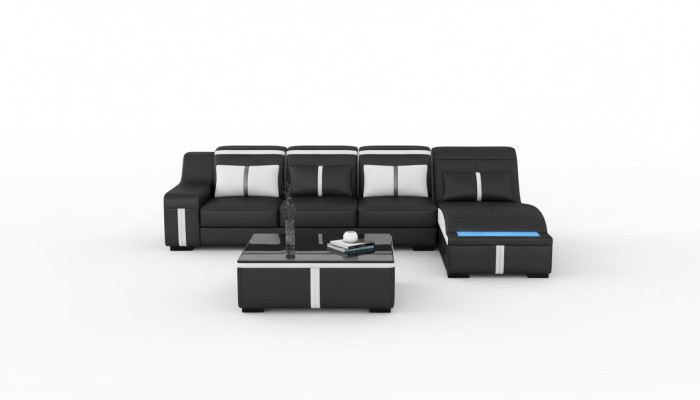 Design Eck Sofa USB LED + Tisch Polster Eck Sitz Leder Garnitur Wohnlandschaft