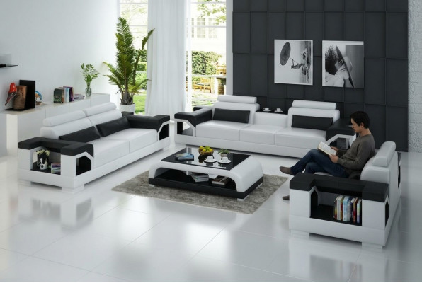 Kůže Sofa Pohovka Obývací sestava 3+2+1 Sezení Souprava Design Moderní pohovka s USB