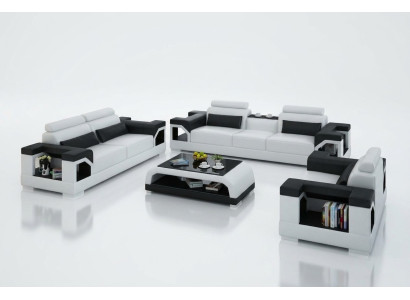 Kůže Sofa Pohovka Obývací sestava 3+2+1 Sezení Souprava Design Moderní pohovka s USB