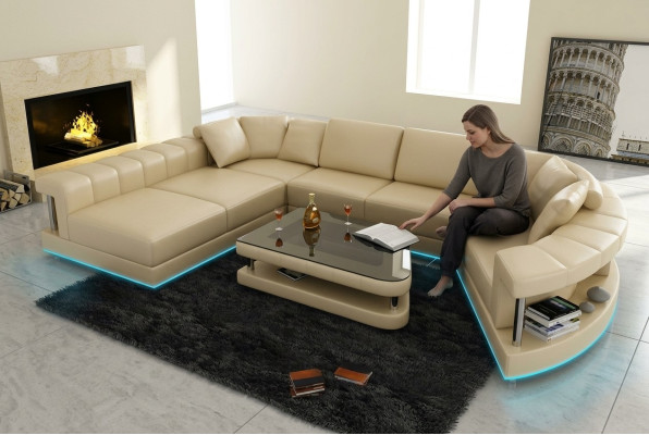 Kůžená pohovka Sedací souprava rohová sedací souprava Design Moderní Rozkládací pohovka + USB!