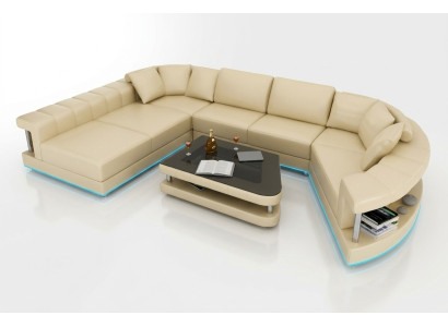 Kůžená pohovka Sedací souprava rohová sedací souprava Design Moderní Rozkládací pohovka + USB!