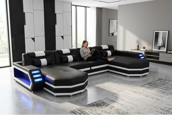 Design Leder Polster Sitz Ecke mit USB Leder Polster Landschaft Zimmer Wohn Sofa