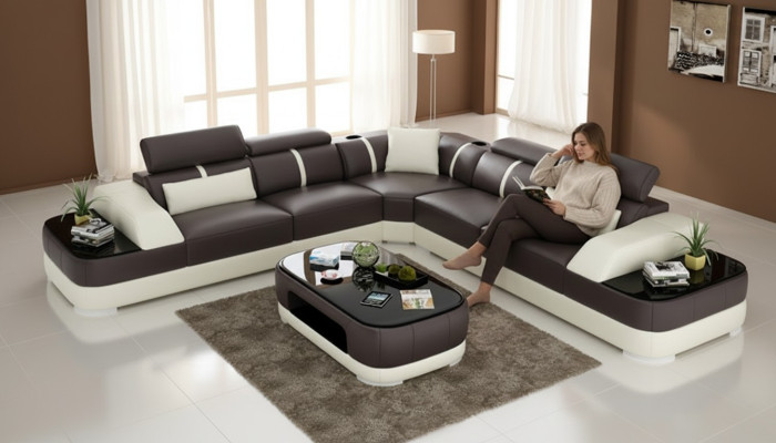 Ledersofa Polster Sitz Eck Sofa Garnitur Wohnlandschaft Wohnzimmer Couch mit USB