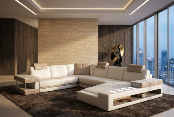 Ecksofa mit LED & USB Wohnlandschaft Sofa Polster Couch Garnitur U Form Leder