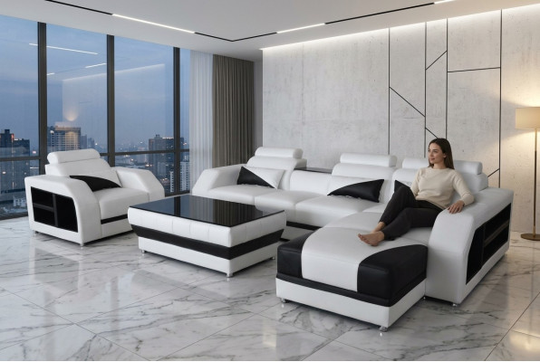 Leder Eck Sofa mit USB Garnitur Sofas Couchen Polster Wohnlandschaft Sessel Ecke