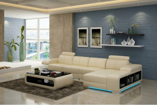 Moderní pohovka L- tvaru z kůže v krásném moderním designovém stylu.