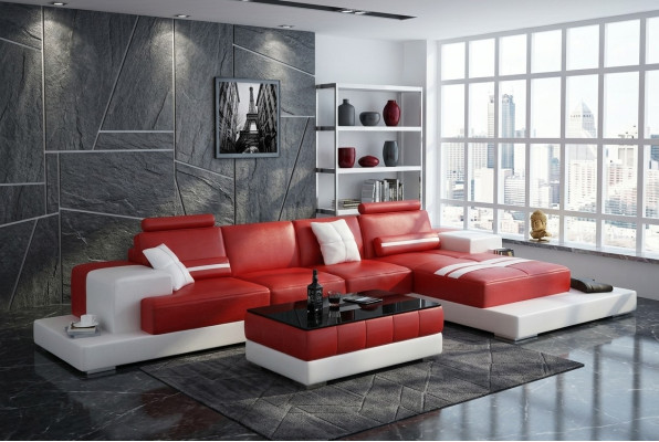 Exkluzivní elegantní rohová sedací souprava v L-ovém tvaru červeného designu pro stylové obývací prostory
