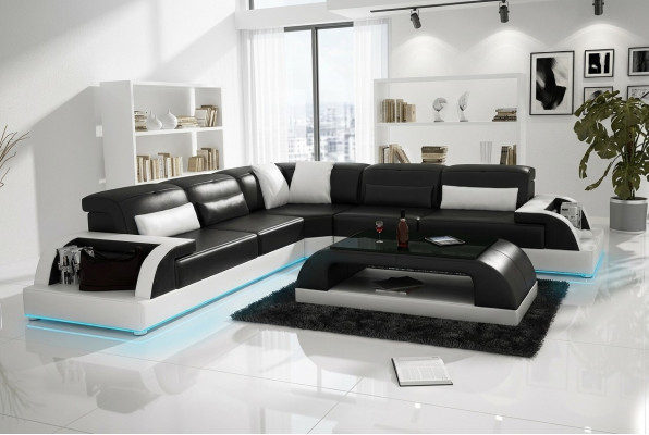 Ledersofa Couch Wohnlandschaft Ecksofa Eck Garnitur Design Modern Sofa USB Weiß