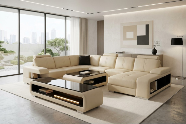 Moderne Eckcouch Wohnlandschaft Couch Tisch Sideboard Sofa USB Eckgarnitur 3tlg.