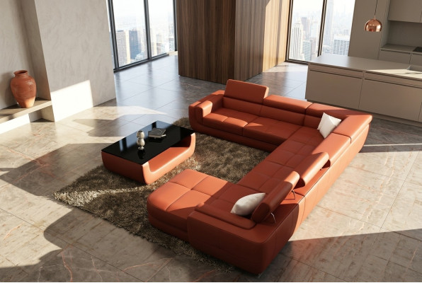 Polster Ledersofa Sofa + USB Wohnlandschaft U Form XXL Big Orange Couch Ecksofa