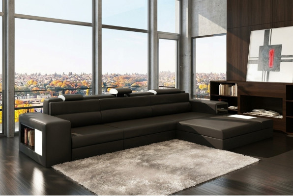 Designsofa Sofa Couch USB Polster Ecksofa Garnitur Wohnlandschaft Ledersofa LED