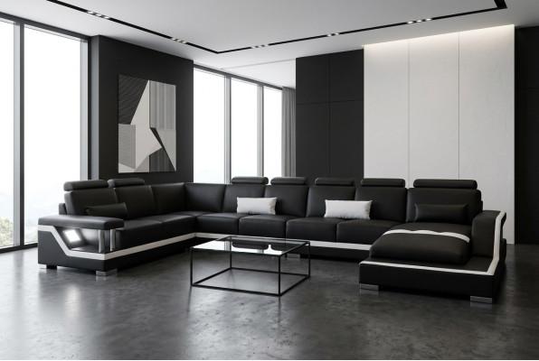 Ledersofa Wohnlandschaft Eck Garnitur Design Sofa U-Form + Chaise mit USB L6002