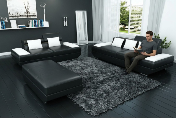 Sofagarnitur Ledersofa 3+2 mit USB Polster Sofa Set Garnitur Hocker Sofas -2719A