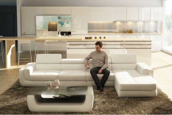 Ecksofa Ledersofa USB Wohnlandschaft L Form Sofa Polster Sitz Ecke Tettau Weiß