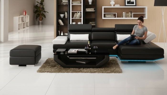 Kožená pohovka v L- tvaru + USB obývací stěna rohová souprava Design Moderní sedací souprava K5009D