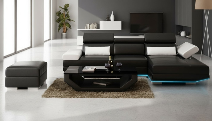Kožená pohovka v L- tvaru + USB obývací stěna rohová souprava Design Moderní sedací souprava K5009D