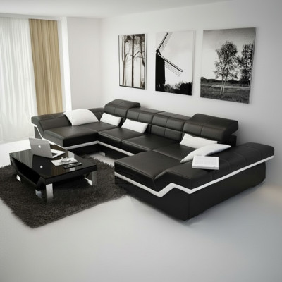 XXL Kožená pohovka s USB rohem Pohovka Obývací souprava Big Couch Leather Set Nová občerstvovačka