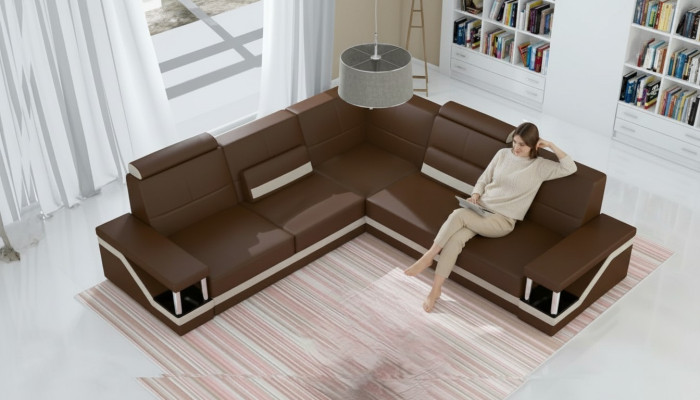 Ledersofa Eckcouch Sofa + USB Poster Eckgarnitur Sofas Stoff Leder Garnitur Neu