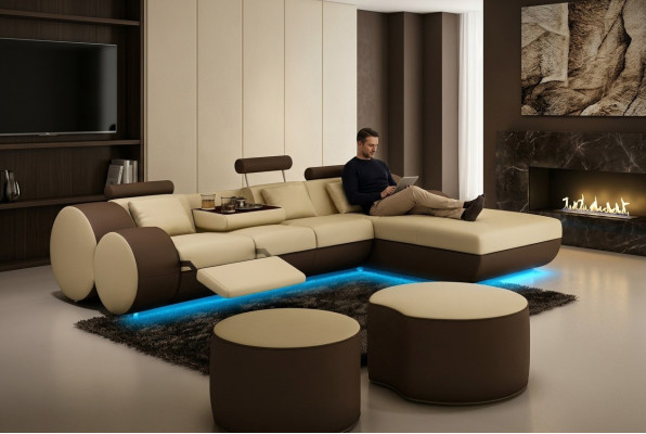 Designer kůží rohová sedací souprava kůží pohovka + USB set Madrid
