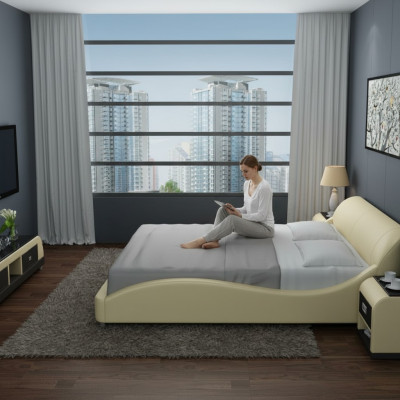 Design Polster Doppel Bett Moderne Betten Schlafzimmer mit USB & Regal 200x210 cm => Designová postel s polštářem, moderní postele do ložnice s USB a policí 200x210 cm