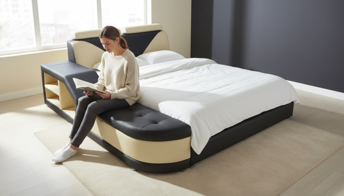 Design Multifunktionsbett XXL Velké postele z kůže s úložným prostorem a USB portem 180x200 v hotelu.