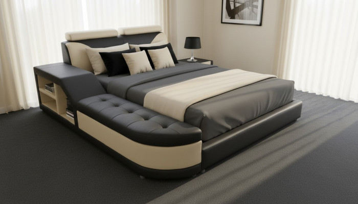 Design Multifunktionsbett XXL Velké postele z kůže s úložným prostorem a USB portem 180x200 v hotelu.