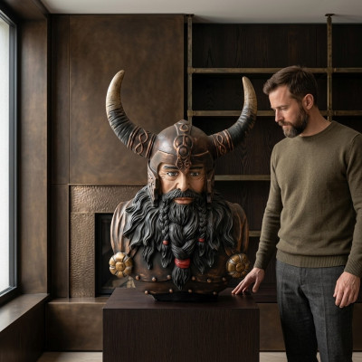 Büste Eines Kriegers in Einem Helm 70cm Hörnern Statue Wikinger Statuen Figuren