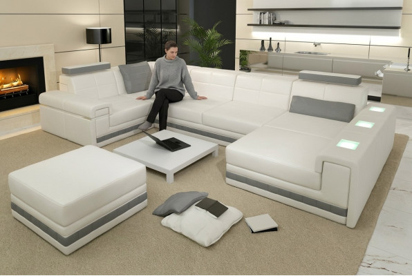 Ecksofa Sofa Wohnlandschaft U Form Polster Couch Ledersofa + Hocker