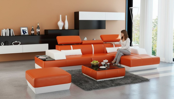 Moderne Sofa Eckgarnitur L Form Polster Sitz Ecke Couch + Hocker