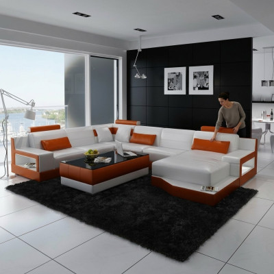Ecksofa Sofa Wohnlandschaft U Form Polster Couch Ledersofa Weiß