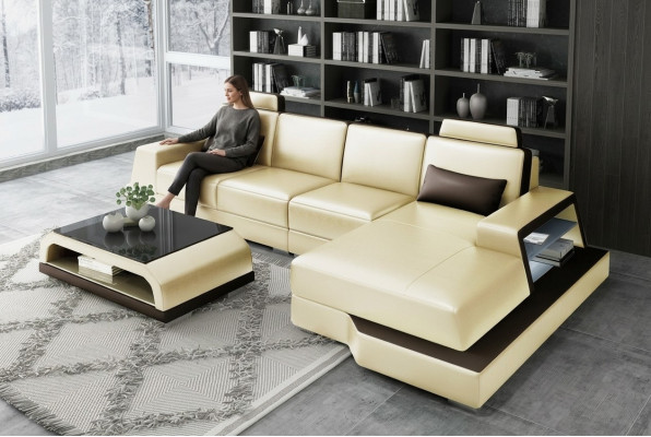 Ecksofa Pohovka Obývací souprava L tvaru Potah Pohovka Pohovka z kůže Beige Pohovky