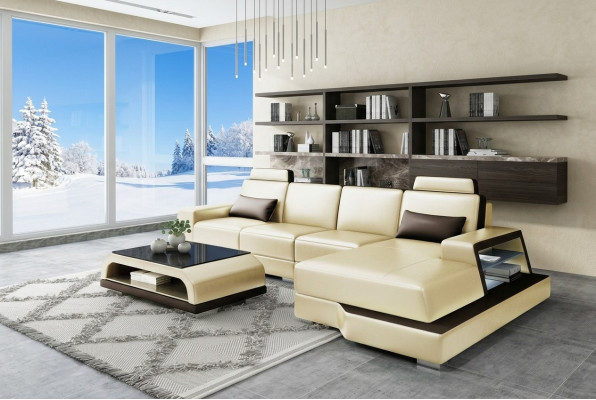 Ecksofa Pohovka Obývací souprava L tvaru Potah Pohovka Pohovka z kůže Beige Pohovky