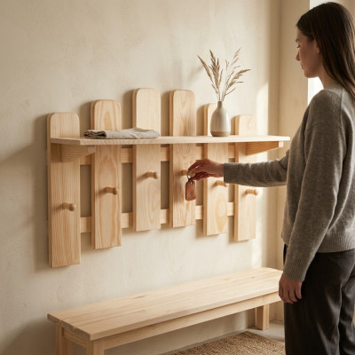 Garderobenpaneel Wandgarderobe 6 Haken 70x48 cm Flur Garderobe Kiefer massiv