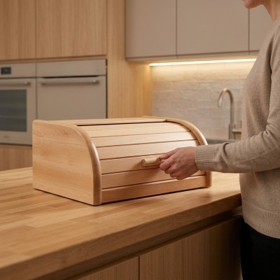 Buche Brotkasten 32 cm Holz Brotbox Rollokasten Brot Rollklappe Echtes Holz Neu