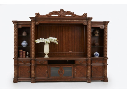 Fernseh Wand Klassisch Wohnwand Echt Handarbeit Holz Vitrine Regal