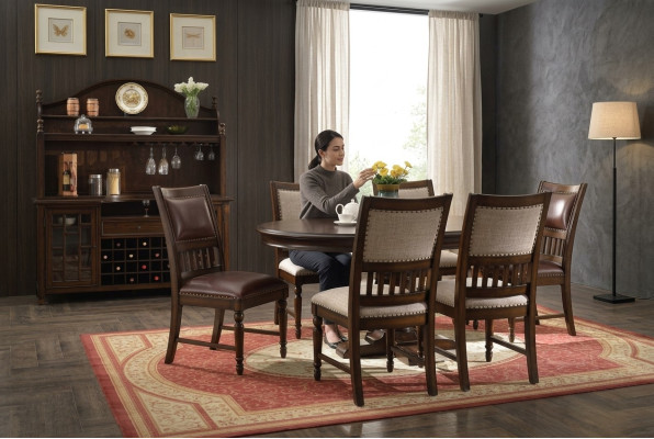 Hölzerne Designer-Essgarnitur für Wohnzimmer Tisch 6x Stuhl Set gepolstert 7pc