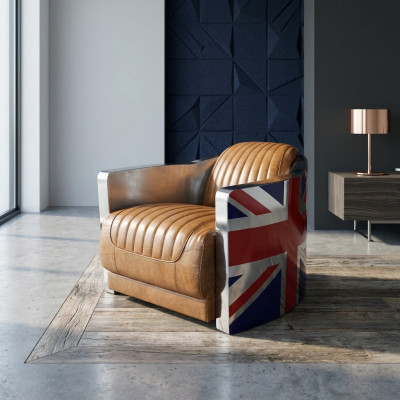 Křeslo vintage z pravé kůže designové křeslo Rocket Union Jack Vintage Cigar.