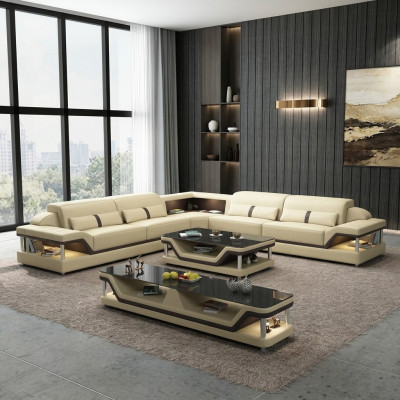 Ecksofa Schwarz mit Couchtisch 3tlg. Wohnzimmer Ledersofa Set Eckgarnitur Tisch